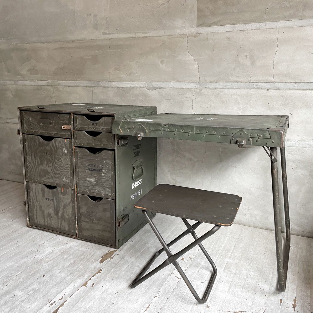 USビンテージ Vintage フィールドデスク フォールディング 中隊デスク チェスト スツール付き ミリタリー サープラス 米軍 US ARMY ♪