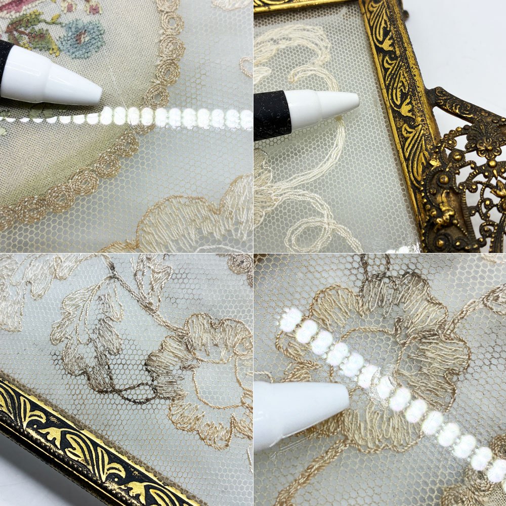 UKビンテージ 真鍮ｘガラス ドレッシングトレイ バニティトレイ タンブールレース 刺繍 プチポワン ●