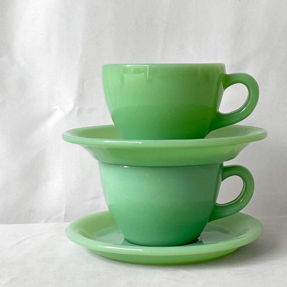 ファイヤーキング FIRE KING ジェダイ JADE-ITE エキストラヘビー カップ＆ソーサー C&S ミルクガラス 1950年代頃 USビンテージ アンカーホッキング B ◇