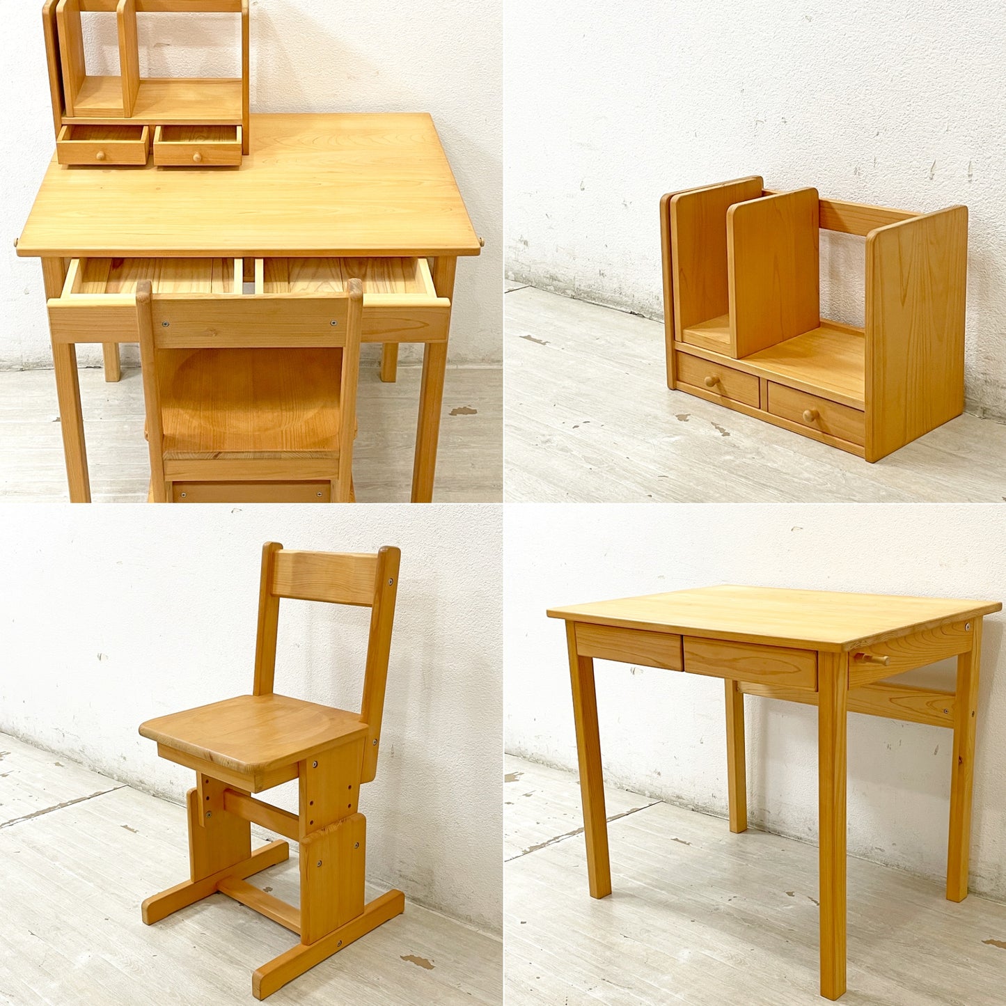 キシル XYL 4本脚デスク&2本脚チェア 学習机 ひのき 無垢材 w80cm 昇降機能 ブックエンド サイドフック2本つき ●
