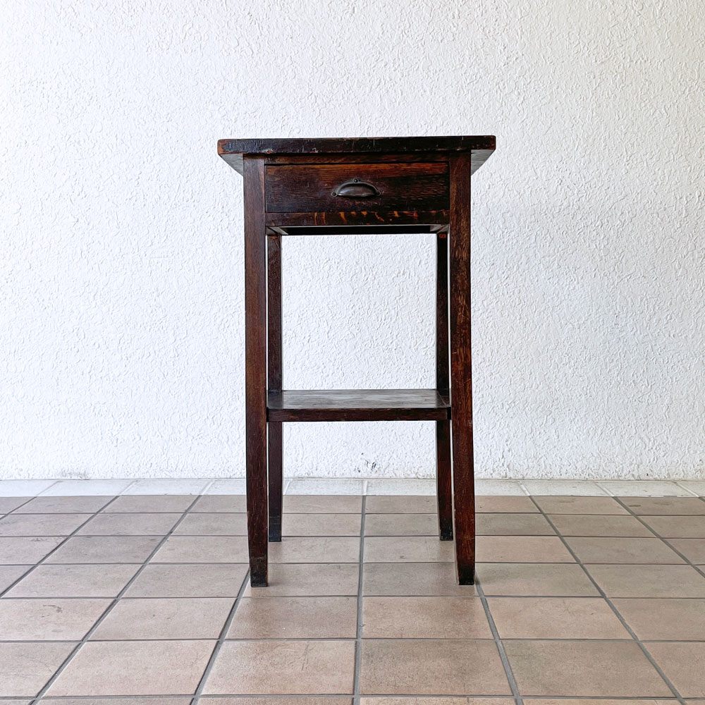 ジャパンビンテージ 木製花台 サイドテーブル フラワースタンド 抽斗1杯 ハンガーバー付き 古家具 店舗什器 ◇