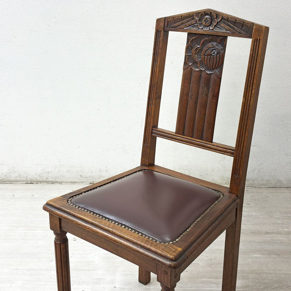 UKビンテージ Vintage オーク材 ダイニングチェア 木彫 ボタニカル クラシカル アンティーク 英国家具 ●