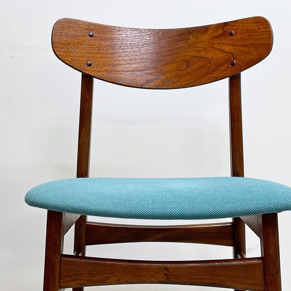 デンマークビンテージ Danish Vintage オーク材 ダイニングチェア ファブリック座面 スカイブルー 北欧家具 ●