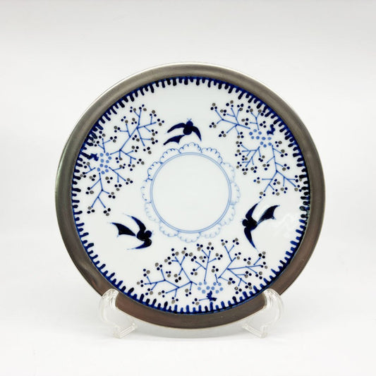 たなかふみえ 銀彩鳥小花縁付5.5寸皿 プレート 現代作家 ●