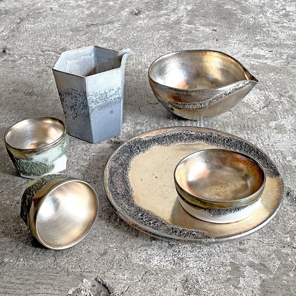 福村龍太 白銀彩 ぐい吞み 半磁器 Φ6.5×H5cm 日月窯 陶芸 現代作家 A ■