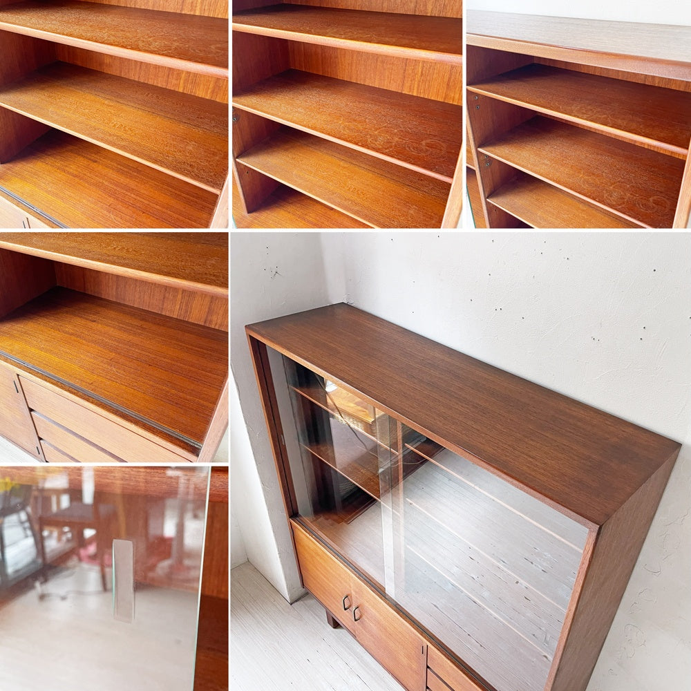 ジャパンビンテージ チーク材 ガラスキャビネット リビングボード 棚板5枚 3ドロワー 北欧スタイル ブロカント 水屋 ジャパニーズモダン ★