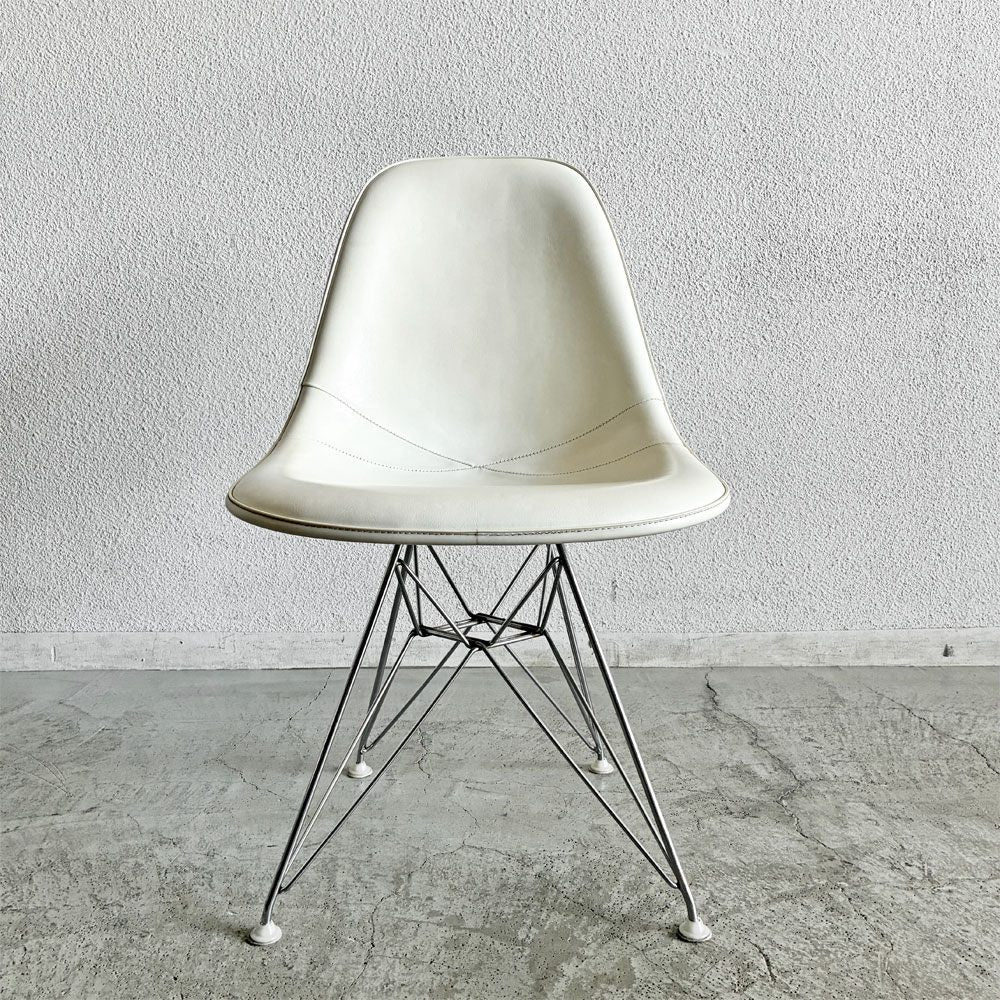 ハーマンミラー Herman Miller サイドシェルチェア FRP製 3rdビンテージ パーチメントシェル PVCレザー ホワイト系 エッフェルベース ロータイプ C&R イームズ ミッドセンチュリー 〓