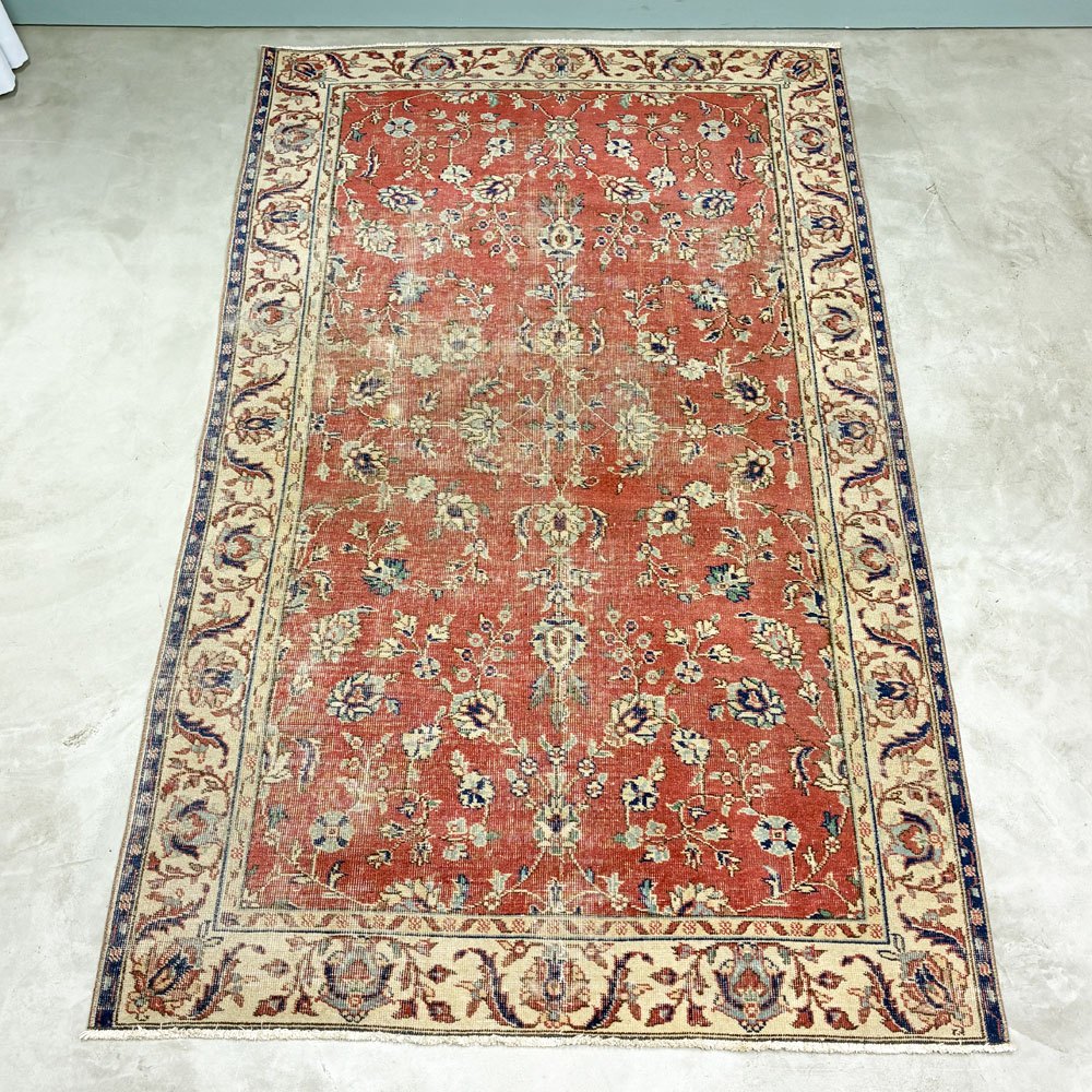 ビンテージ vintage トルコ製 手織り キリムラグ ランナー カーペット 絨毯 260x164cm レッド系 ボヘミアン柄 ◎