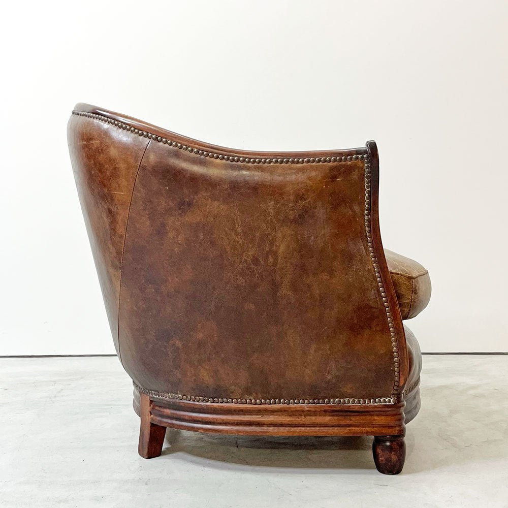 ハロ HALO デコ タブ チェア DECO TUB CHAIR ラウンジチェア 1人掛けソファ 本革 ラバーウッド ビンテージ加工 鋲打 アスプルンド取扱い 現状品 ●