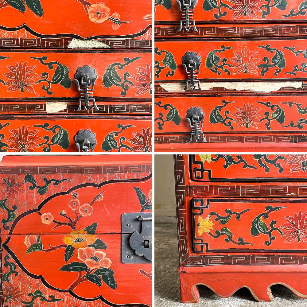 中国家具 箪笥 抽斗 収納箪笥 小引き出し ミニキャビネット ハンドペイント 朱漆 花鳥図 Ｈ60cm 錠前欠品 現状品 ■