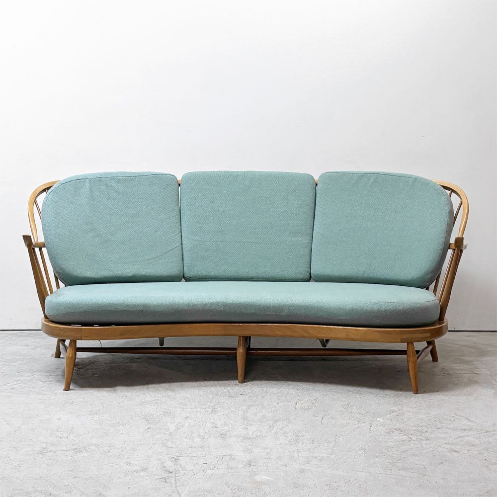 アーコール Ercol No.499 3Pソファ 3シーター キドニーシェイプ シート スカイブルー ファブリック ビーチ材 UKビンテージ 英国家具 ●