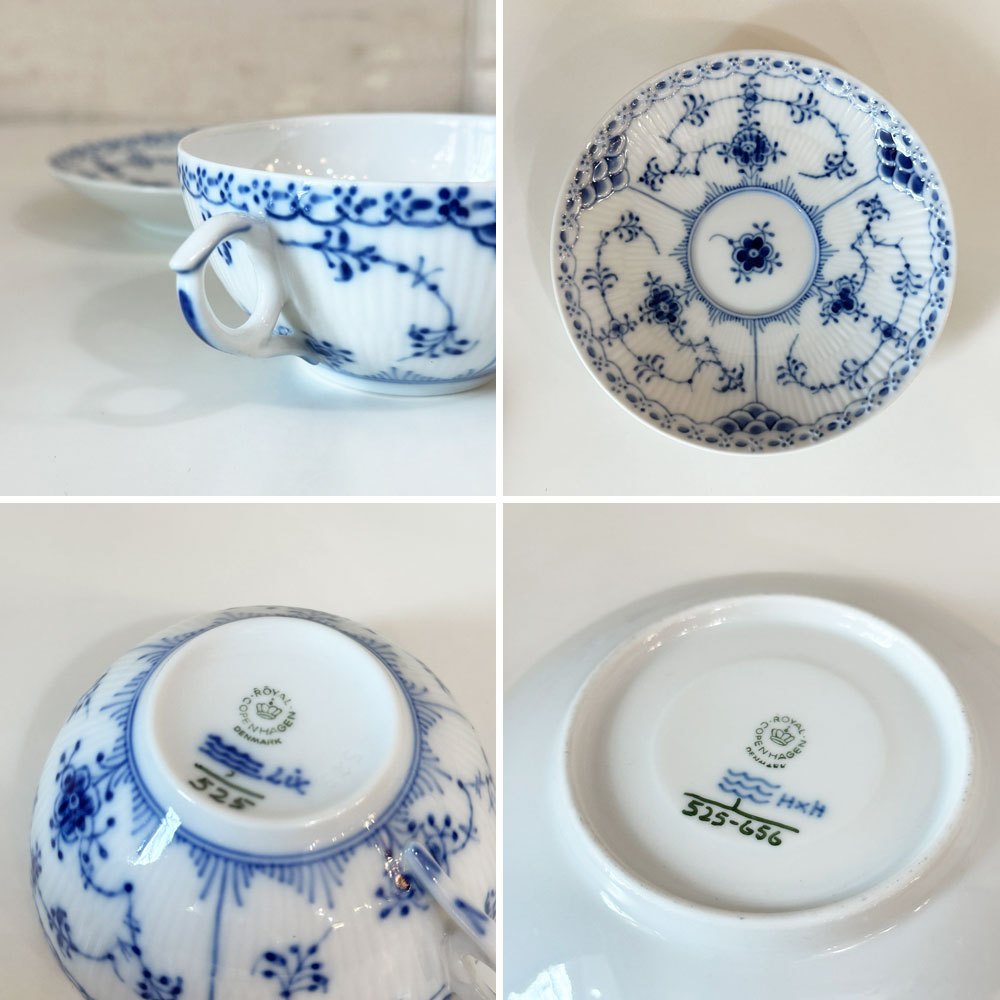ロイヤルコペンハーゲン ROYAL COPENHAGEN ブルーフルーテッド ハーフレース ティーカップ＆ソーサー 北欧食器 Ｃ ◎