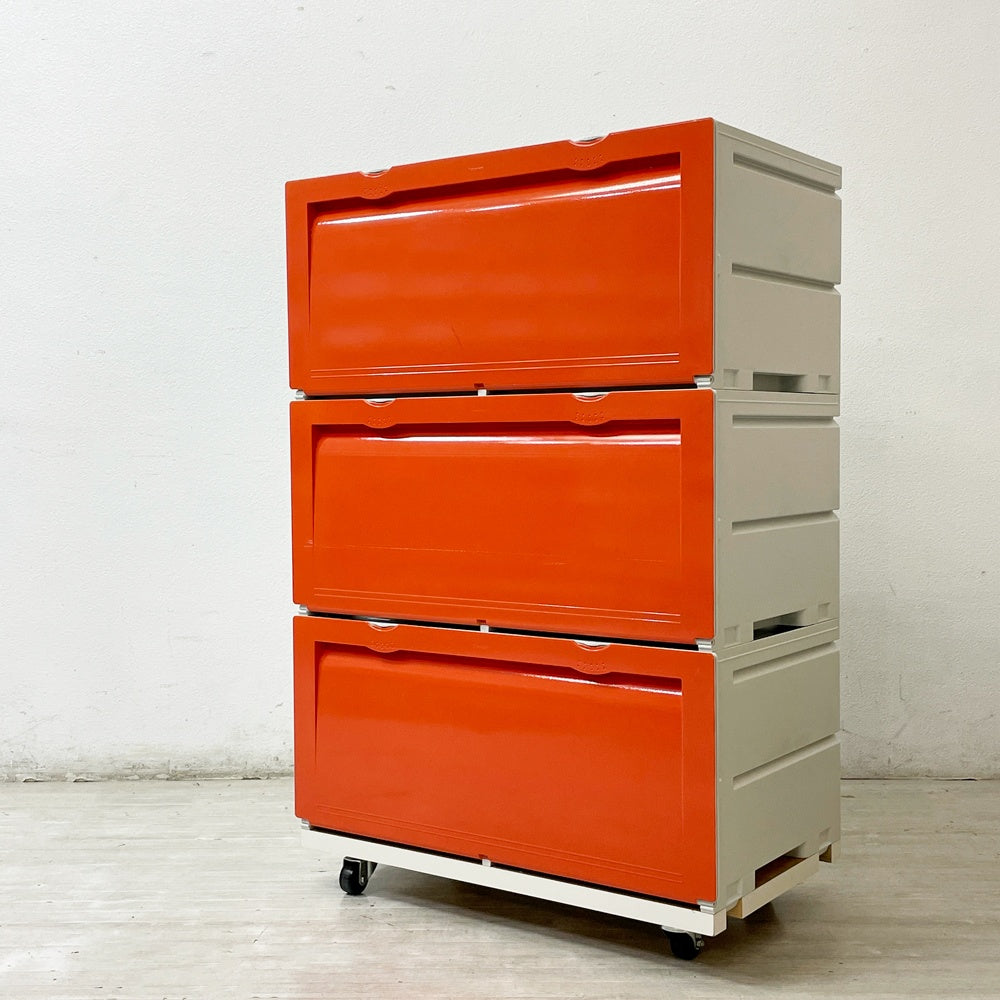 タッパーウェア Tupperware スーパーチェスト ワイド Super chest Wide 引出1段 オレンジ 3段セット 専用カート付 ●
