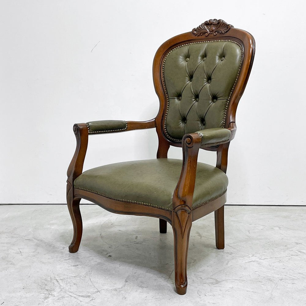 クラシカルデザイン Classical Design サロンチェア アームチェア ラウンジチェア 木彫 PVCレザー グリーン系 猫脚 アンティーク調 イタリア製 ●