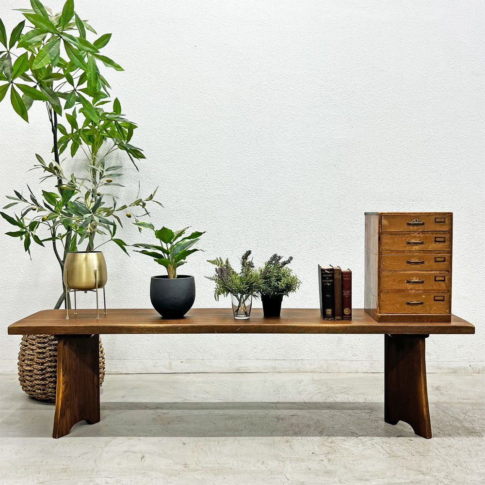 無垢材ベンチ ローテーブル ローシェルフ 店舗什器 ビンテージスタイル ブラウン w170cm 〓