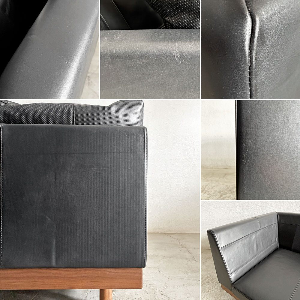 マスターウォール MASTERWAL デニッシュグランデ DANISH GRANDE SOFA 2シーターソファ ワンアーム 右片肘 W159cm ウォールナット無垢材 本革 ブラックレザー 定価￥753,500- 展示品 〓