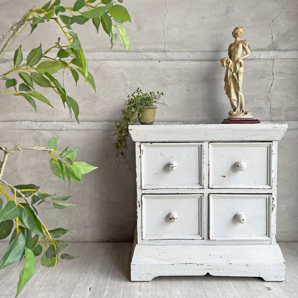 ビンテージ Vintage シャビーシック 4ドロワーズ ミニチェスト ホワイトペイント 木製 無垢材 ブロカント ラスティック 店舗什器 ♪