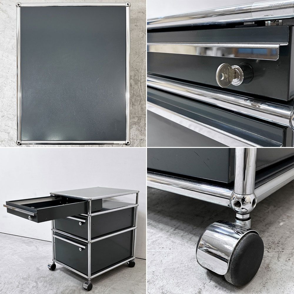 ユーエスエムハラー USM Haller モジュラーファニチャー Modular Furniture デスクワゴン キャビネット ロールボーイ 3ドロワー アントラサイト 鍵付き ●