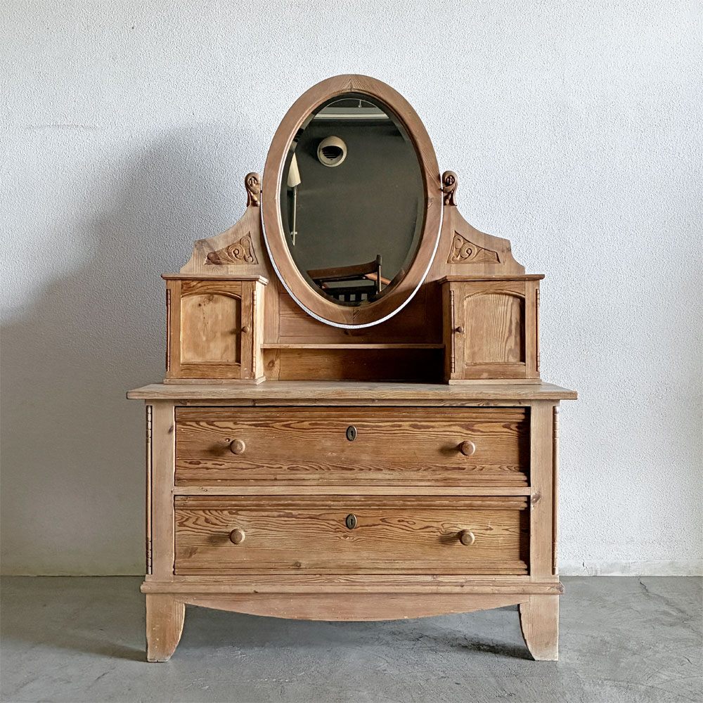 デンマークビンテージ Danish Vintage ドレッシングチェスト ドレッサー 鏡台 パイン材 扉収納 2ドロワー W119cm カントリースタイル 北欧家具 鍵欠品 〓