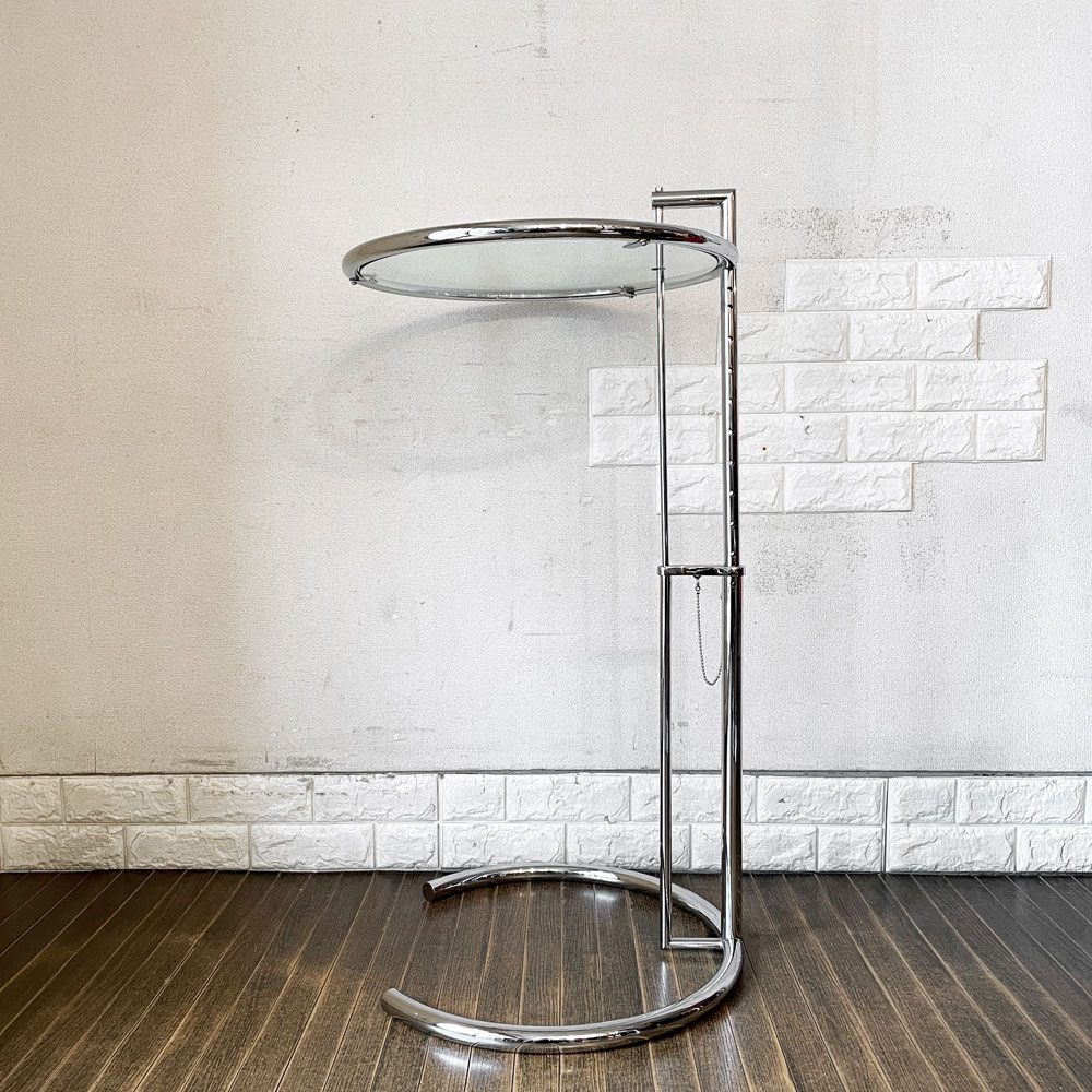 クラシコン ClassiCon アジャスタブルテーブル E1027 サイドテーブル ガラストップ クロームフレーム Φ50.5cm アイリーン・グレイ ドイツ 定価￥217,800- ◎