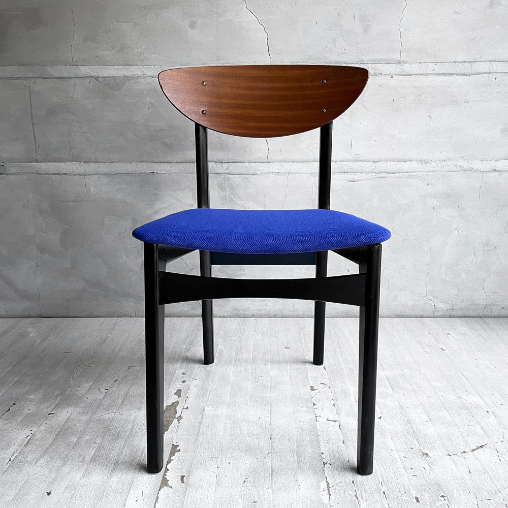 ネイサンファニチャー NATHAN Furniture  ダイニングチェア チークプライウッド ブラックフレーム ファブリック ブルー系カラー 英国 UKビンテージ 座面張り替え済み B ♪