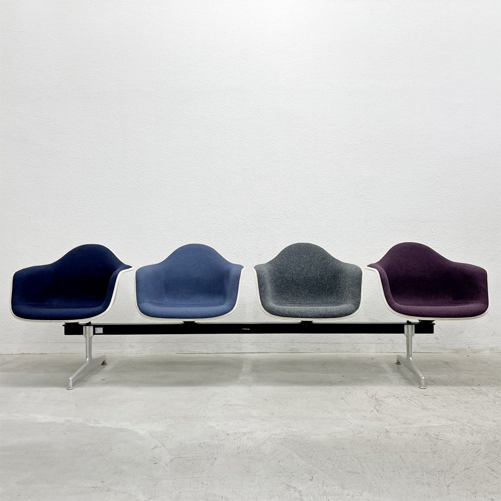 ハーマンミラー Herman Miller ビンテージ エアポートベンチ タンデムシート 4連 アームシェル 2nd ファブリック 新品張替え済 イームズ 希少 ネイビー・ブルーグレー・グレー・パープル C〓