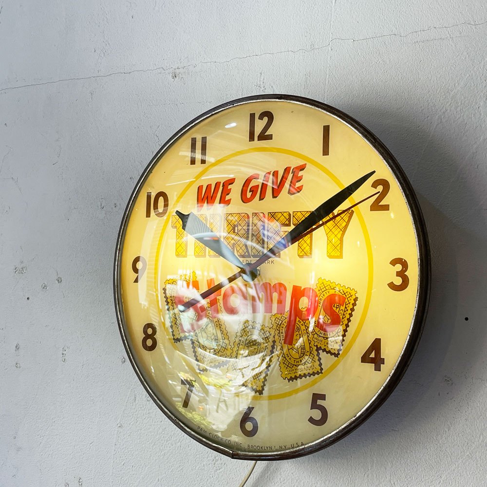 PAM Clock Co. Thrifty Stamps 電飾サインクロック 照明付き時計 USビンテージ  50s 60s 時計不動 ★