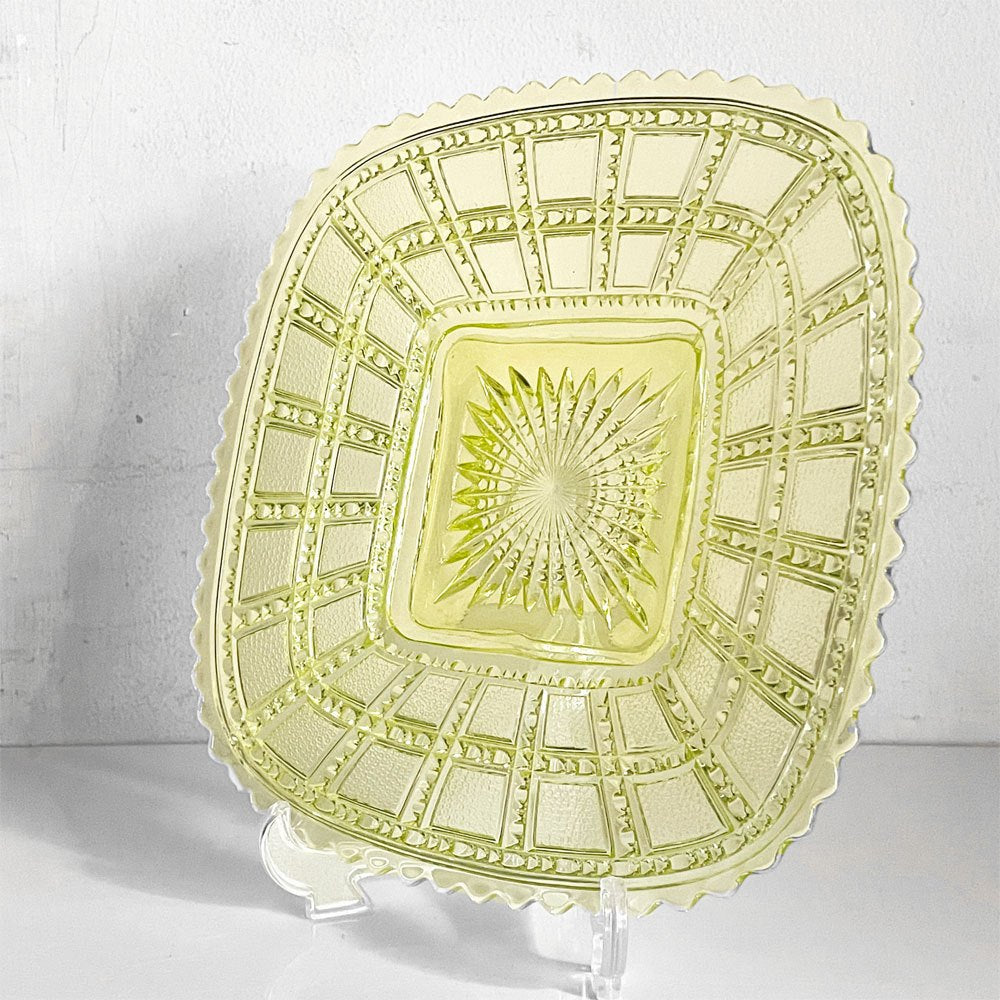 インペリアルグラス Imperial Glass ビーデッドブロック Beaded Block スクエアプレート ガラス イエロー W19.5cm USビンテージ B ■