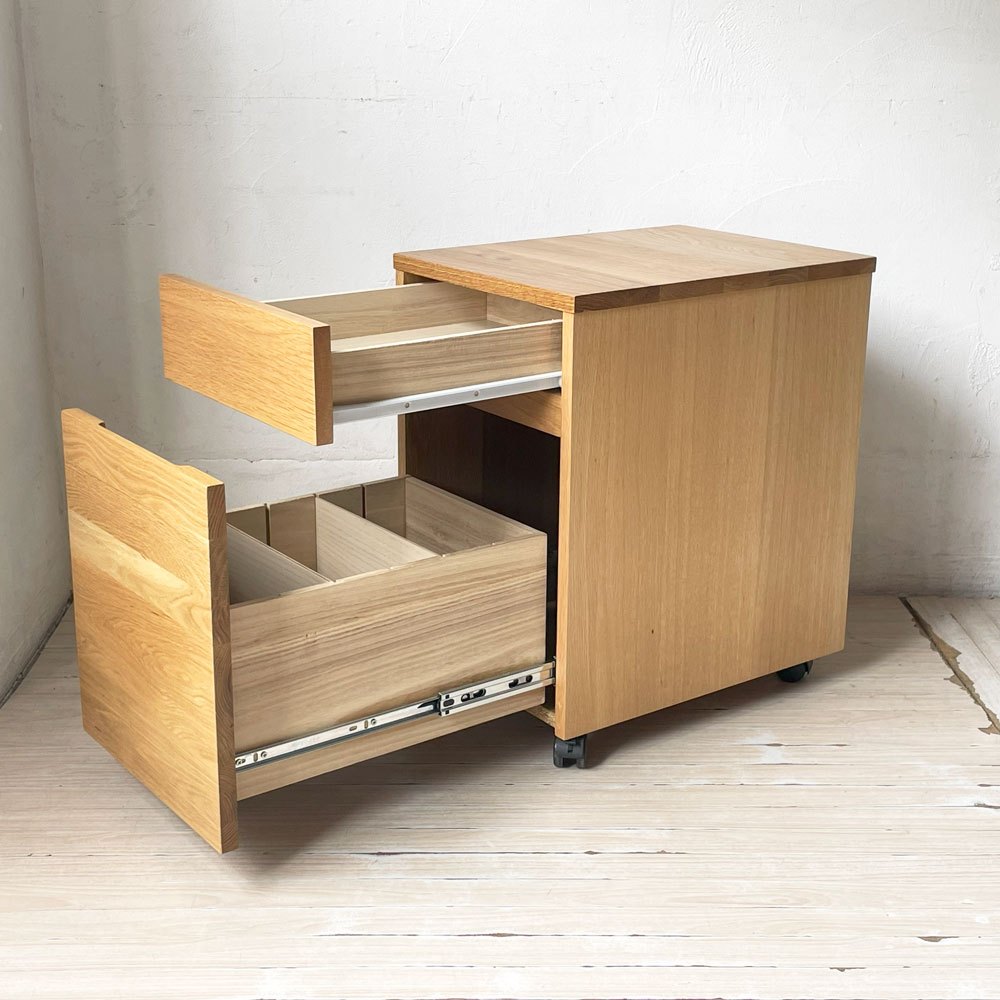 無印良品 MUJI オーク無垢材 デスクワゴン 袖机 ナチュラル キャスター ワゴン 下段仕切り板付 ★