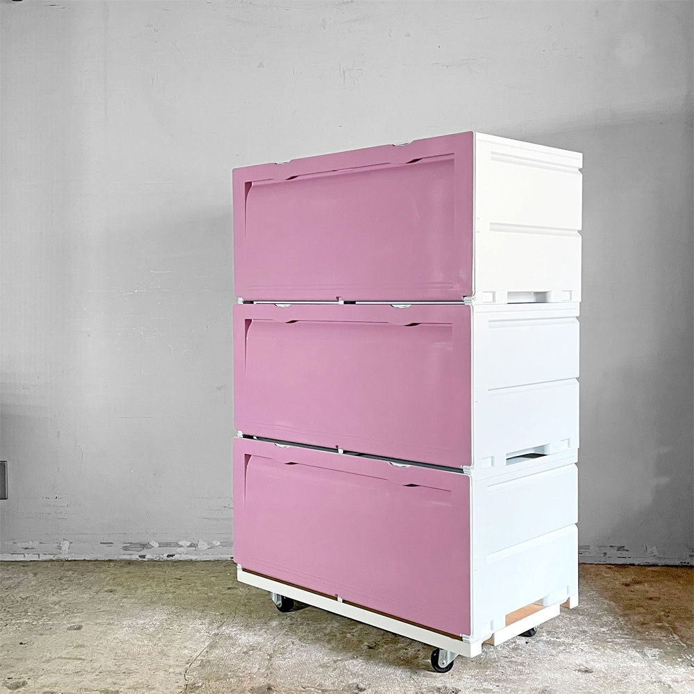 タッパーウェア Tupperware スーパーチェスト ワイド Super chest Wide 引出1段 ピンク 3段セット 専用カート付 ■