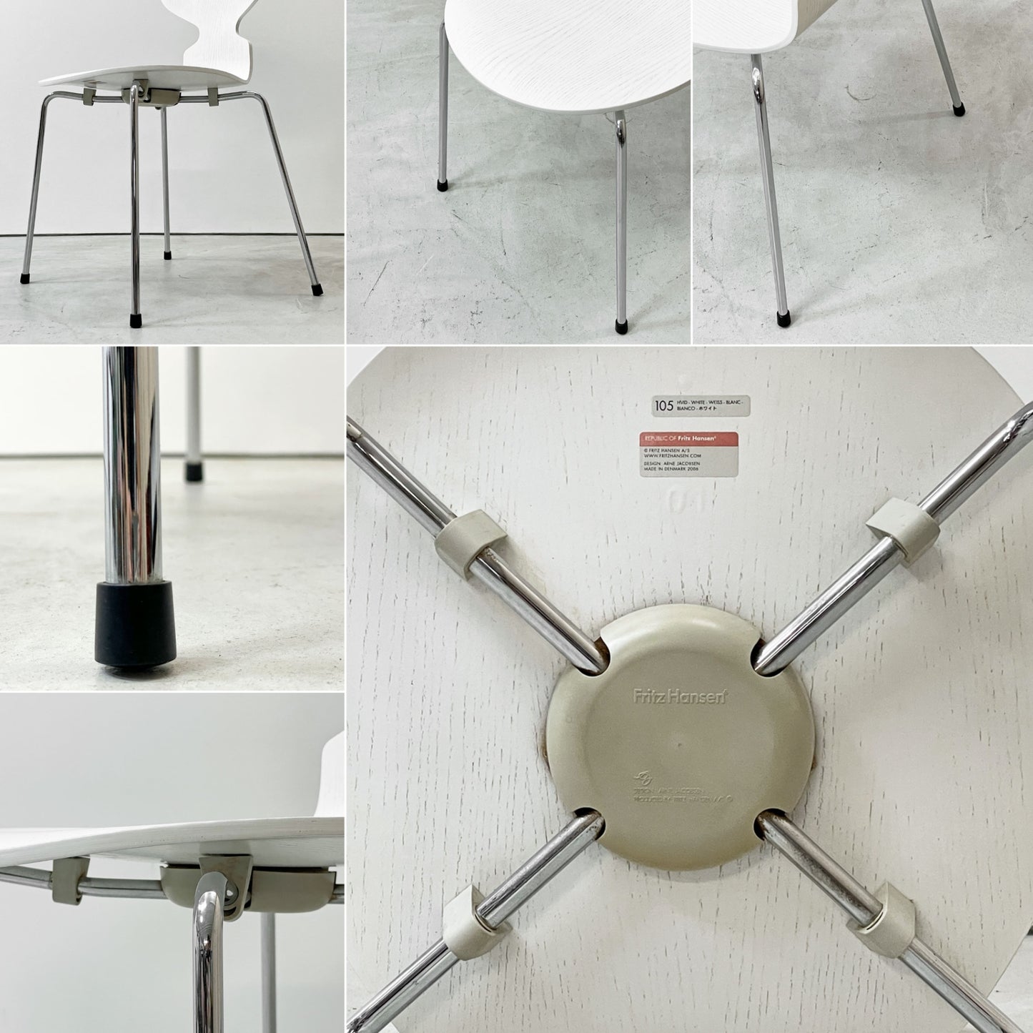 フリッツハンセン Fritz Hansen アントチェア アリンコチェア 4本脚 カラードアッシュ ホワイト アルネ・ヤコブセン デンマーク 北欧家具 ●