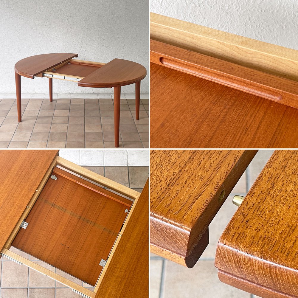 青林製作所 チーク無垢材 ラウンド ダイニングテーブル エクステンション 幅105-155cm ジャパンビンテージ ◇