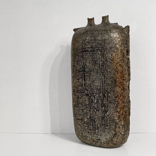 西村忠 彫金 ブロンズ 花瓶 フラワーベース H56cm オブジェ 彫刻 金属造形 抽象表現 大型 インテリア プリミティブ ◎
