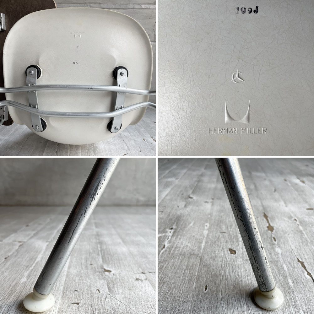 ハーマンミラー Herman Miller サイドシェルチェア セカンド 2nd ビンテージ FRP製 パーチメント スタッキングベース 肘掛けテーブル付 イームズ ミッドセンチュリー ♪