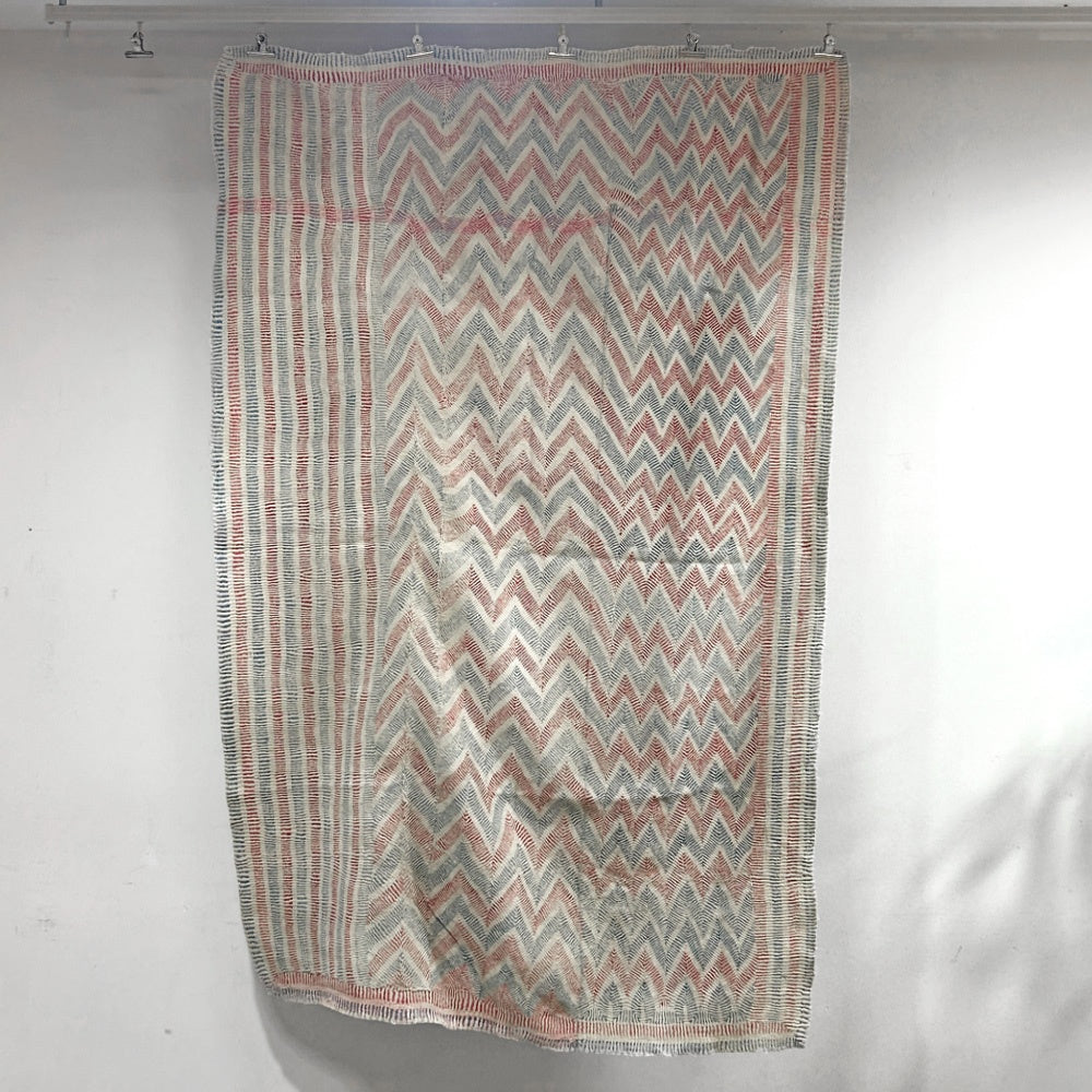 ビンテージ Vintage カンタキルト マルチクロス ラグ 絨毯 手織り 幾何学模様 ストライプ レッド×ブルー インド ●