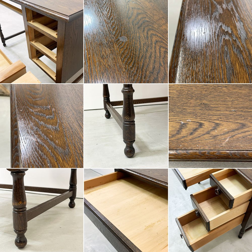 横浜元町 竹中家具 オーク材 片袖デスク 机 抽斗4杯 W106cm ろくろ脚 クラシカルデザイン 昭和レトロ ●