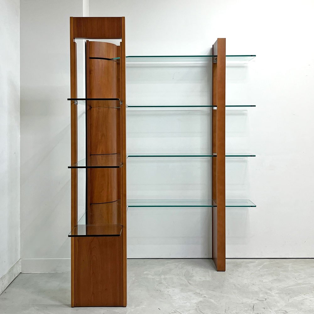 モダンデザイン Modern Design コーナー オープンシェルフ ディスプレイシェルフ 4段 チェリー材 × ガラス H167cm 店舗什器 ●