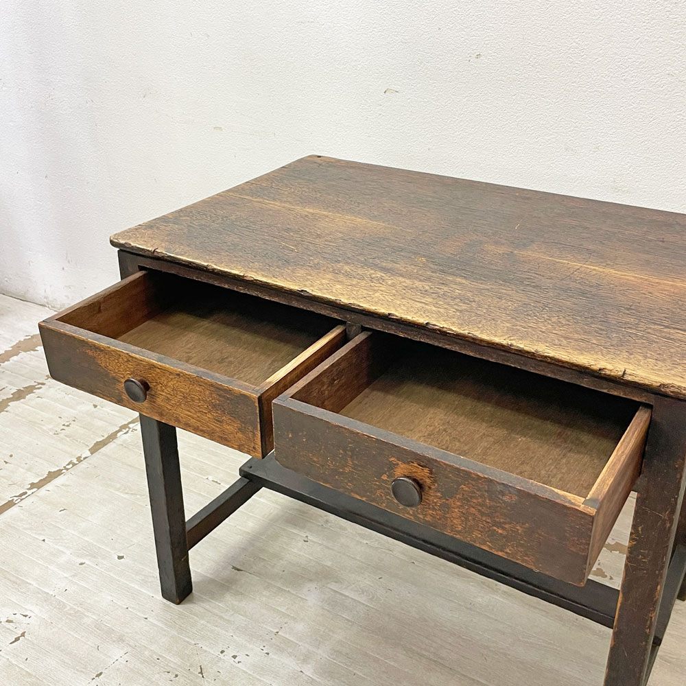 ジャパンビンテージ Japan Vintage 古い木味のデスク 抽斗2杯 レトロ家具 W90cm ●