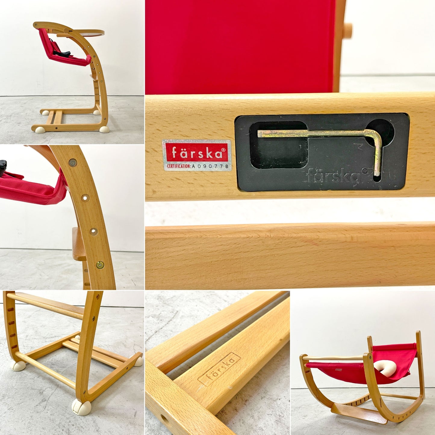 ファルスカ farska スクロールチェアプラス SCROLL CHAIR PLUS ベビーチェア ロッキングホース レッド×ナチュラル ベルト クッション ●