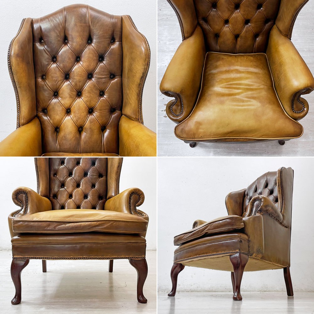ロイズアンティークス Lloyd's Antiques リプロダクションシリーズ チェスターフィールド Q/Aウイングバックチェア 1シーターソファ 本革 猫脚 ●
