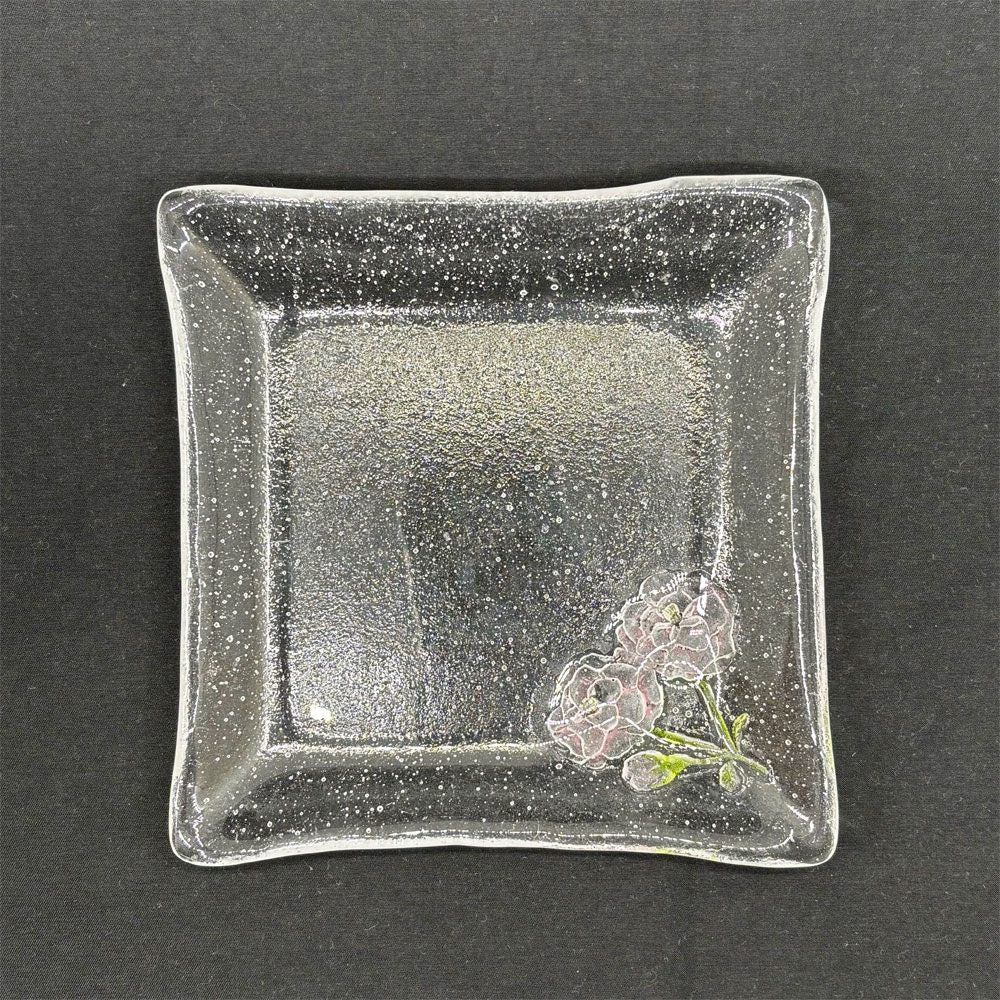 岡田多恵 ガラス 角皿 スクエアプレート パートドヴェール 花 14cm 現代作家 C ●