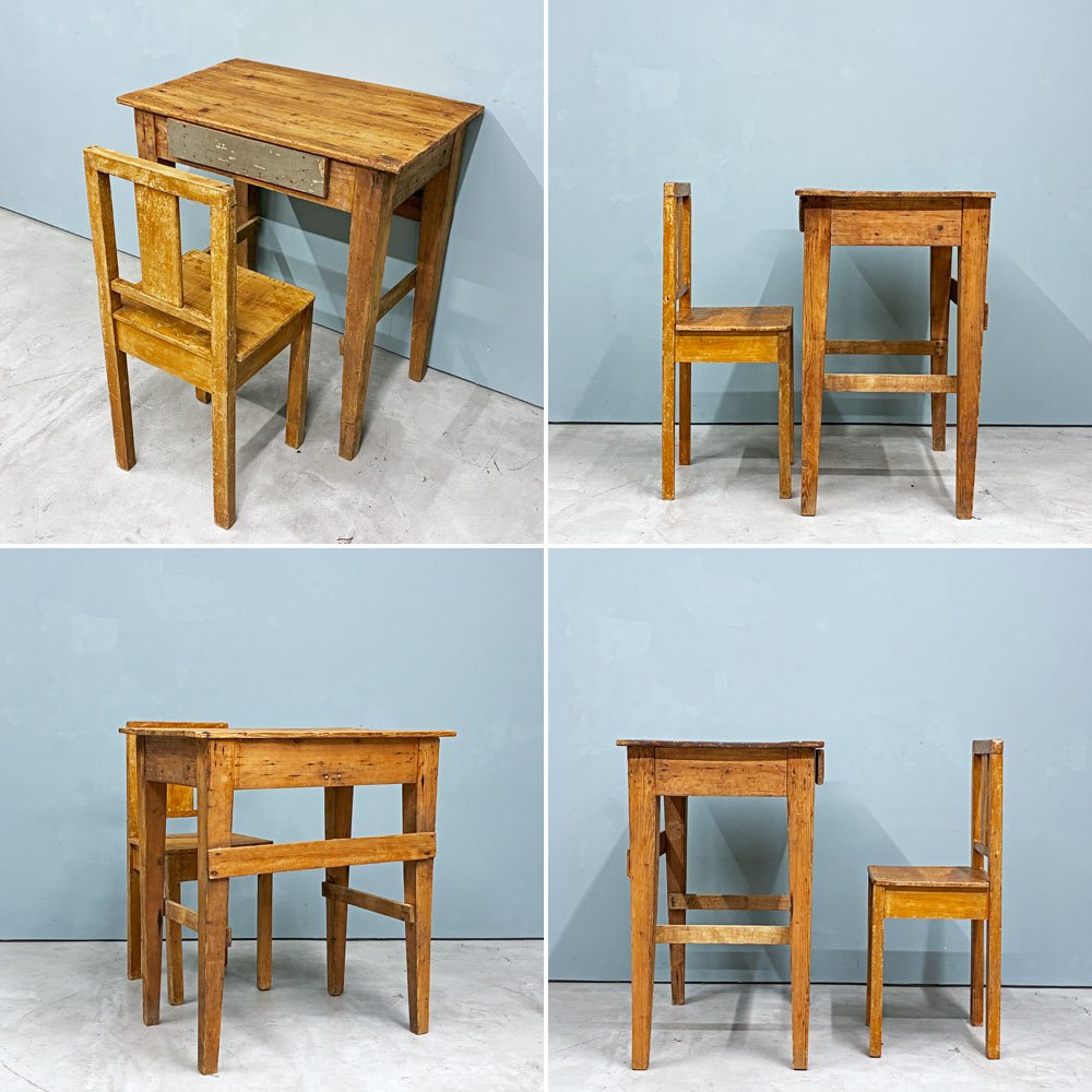 ビンテージ Vintage スモールデスク＆チェア キッズデスク＆チェア 木製 学校椅子 幼稚園イス 踏み台 什器 飾り棚 レトロ 古道具 ◎