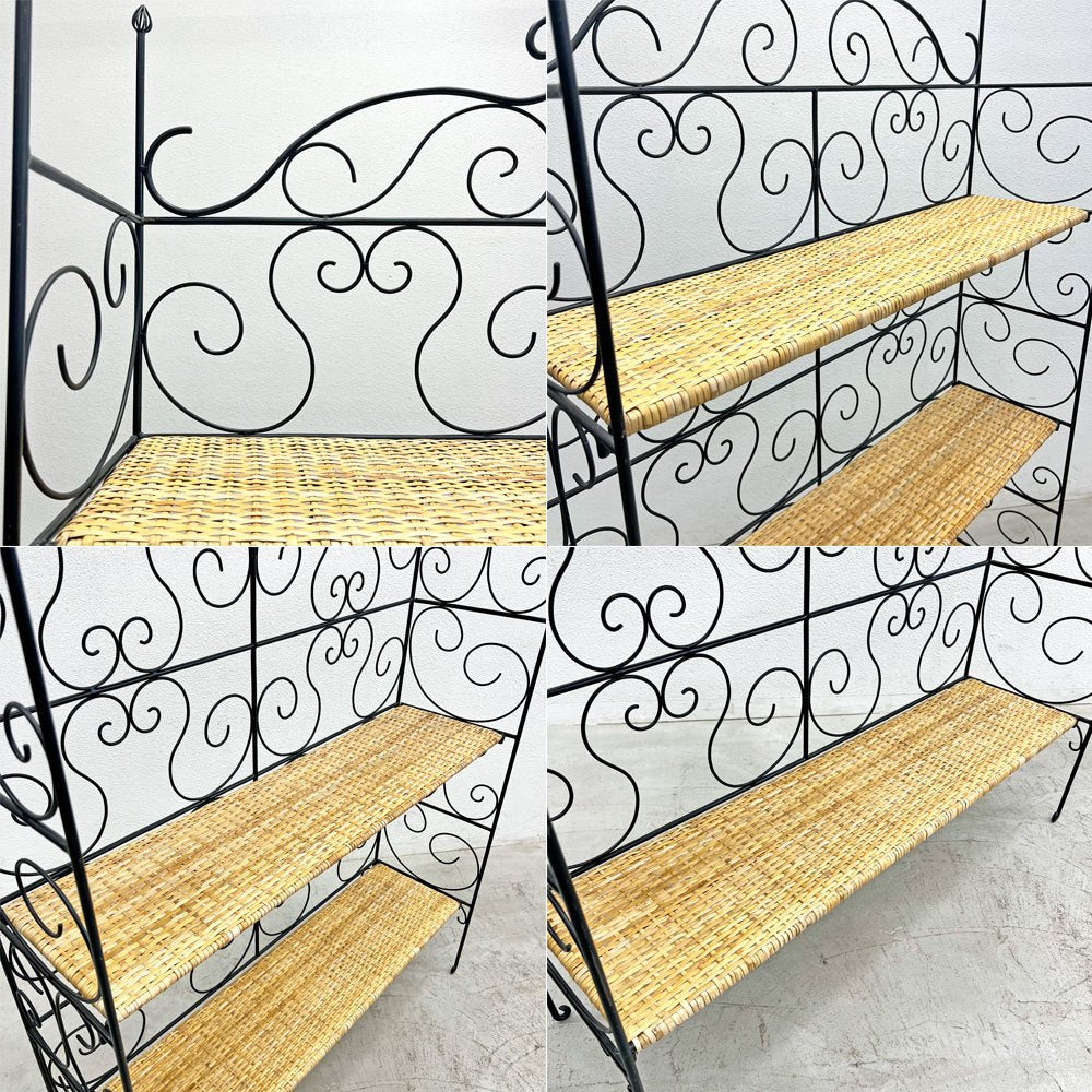 ロートアイアンｘラタン クラシカルデザイン シェルフ 3段 棚板着脱可能 フォールディング 折畳 籐 アンティーク調 店舗什器 〓