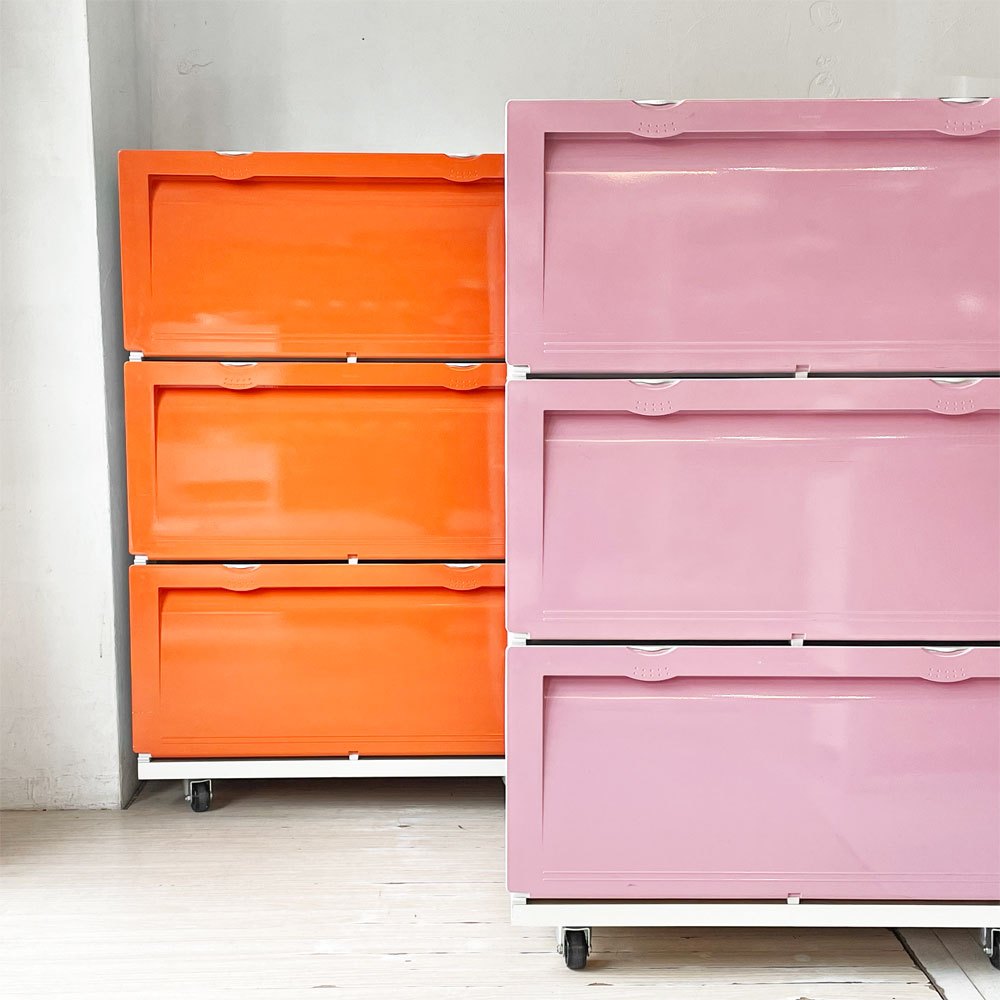 タッパーウェア Tupperware スーパーチェスト ワイド Super chest Wide 引出1段 ピンク 3段セット 専用カート付き ★