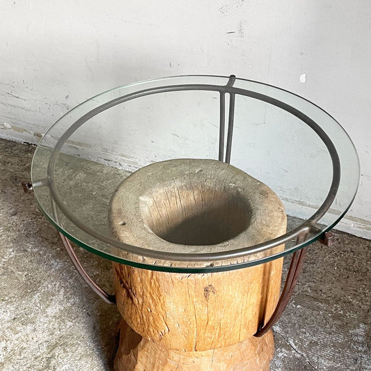 ビンテージ vintage ラウンド サイドテーブル ローテーブル 古材×ガラス×アイアン 天然木 菊池 由見子 プリミティブ ■