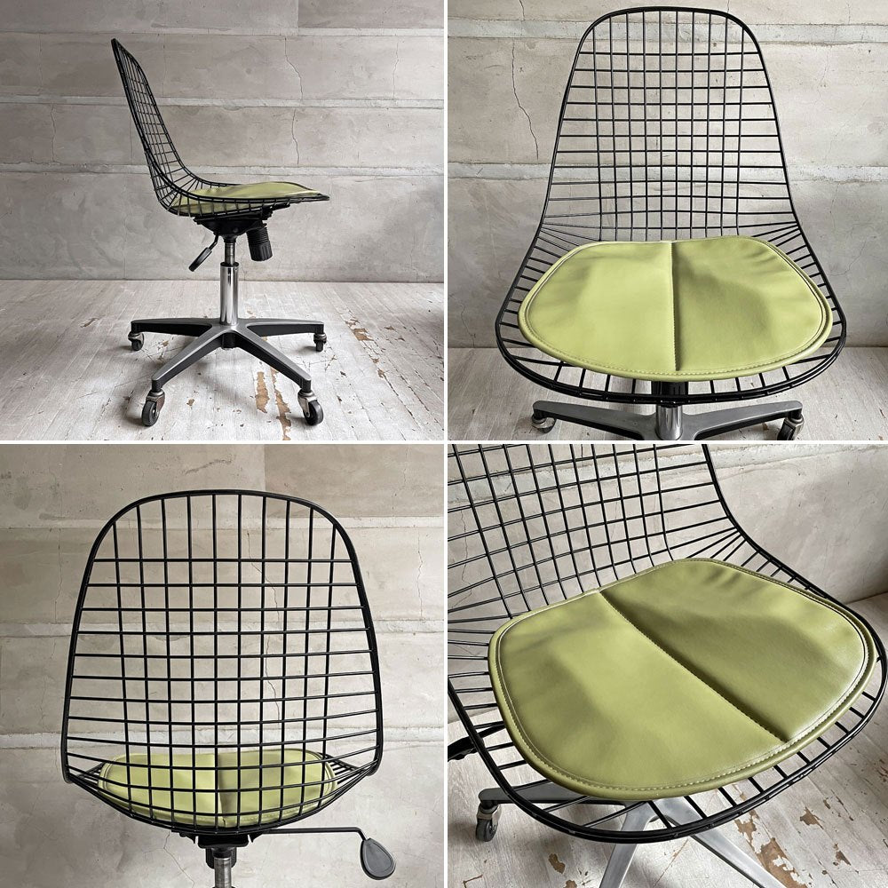 モダニカ MODERNICA ワイヤーチェア Wire Chair ブラックワイヤー ローリングベース キャスター ガス圧式昇降機能 シートパッド付 PVCレザー イームズ ミッドセンチュリー ♪