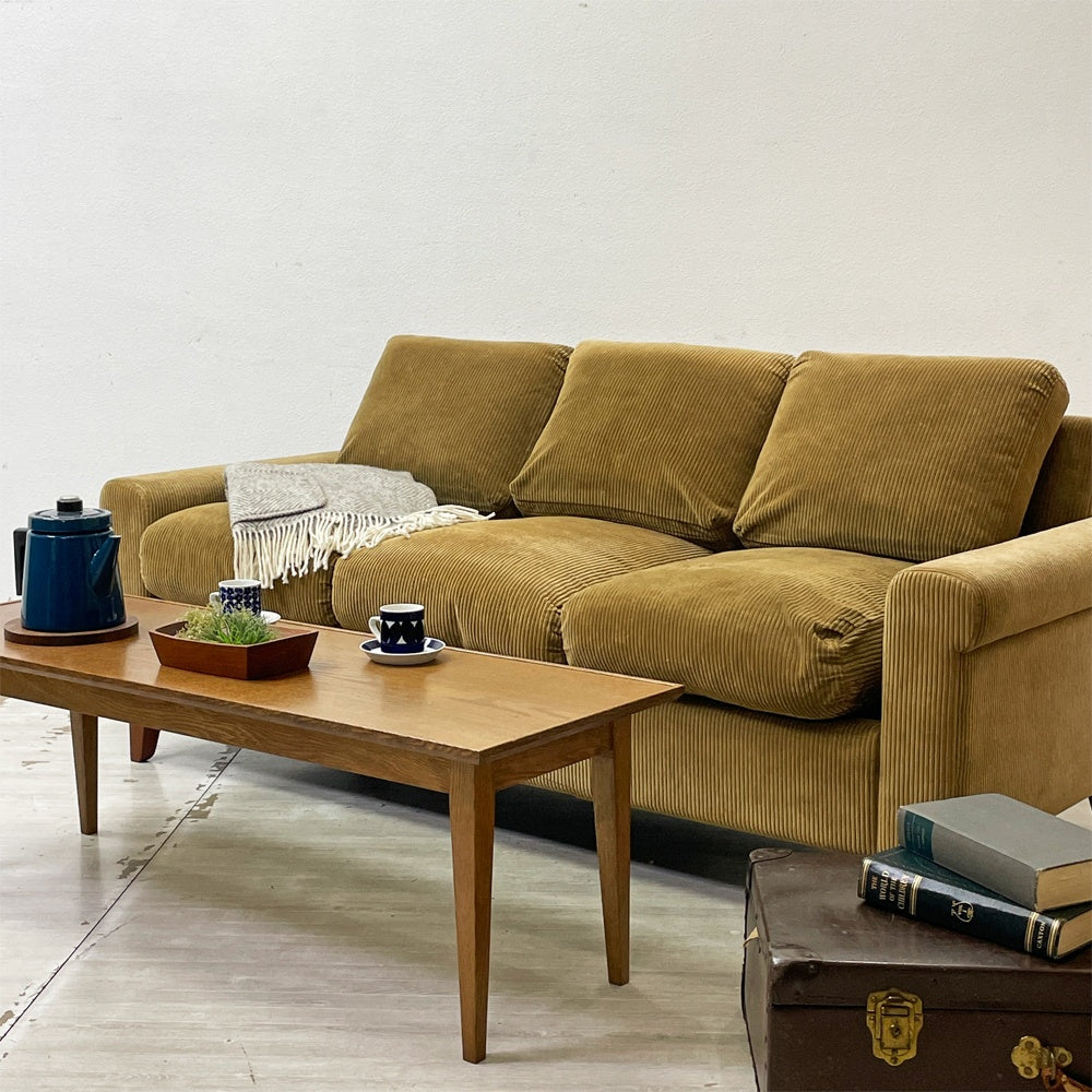 トラックファニチャー TRUCK FURNITURE エフケーソファ トリム FK SOFA TRIM 3SEATER ウォールナット無垢材 フェザークッション コーデュロイ グリーン 張地F-21 定価44万円 ●