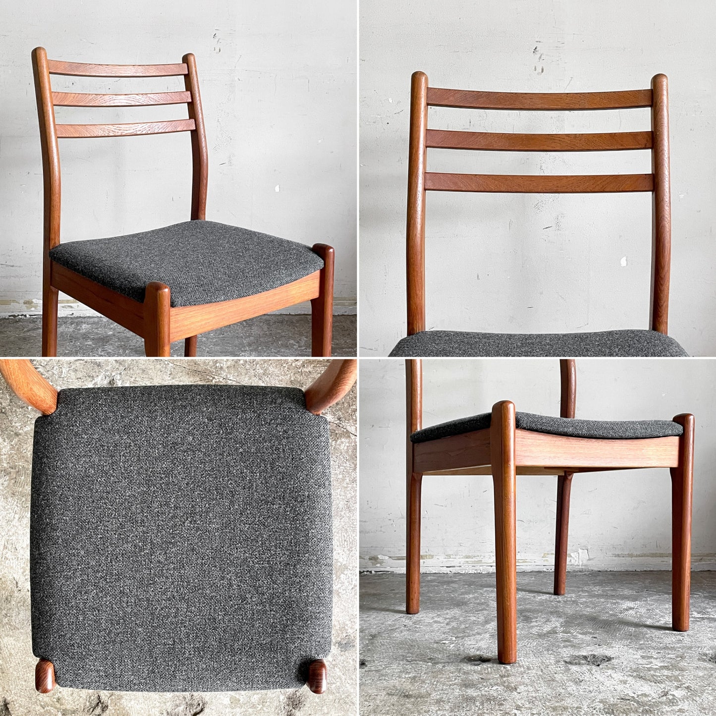 ジャパンビンテージ Japan Vintage チーク材 ラダーバック ダイニングチェア グレー系ファブリック SH39cm 座面張替＆ウレタン交換済 北欧スタイル ■