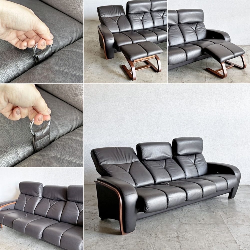冨士ファニチア FUJI FURNITURE 3pソファ＋オットマン2台付き W200cm 本革張り リクライニング機能付き 〓