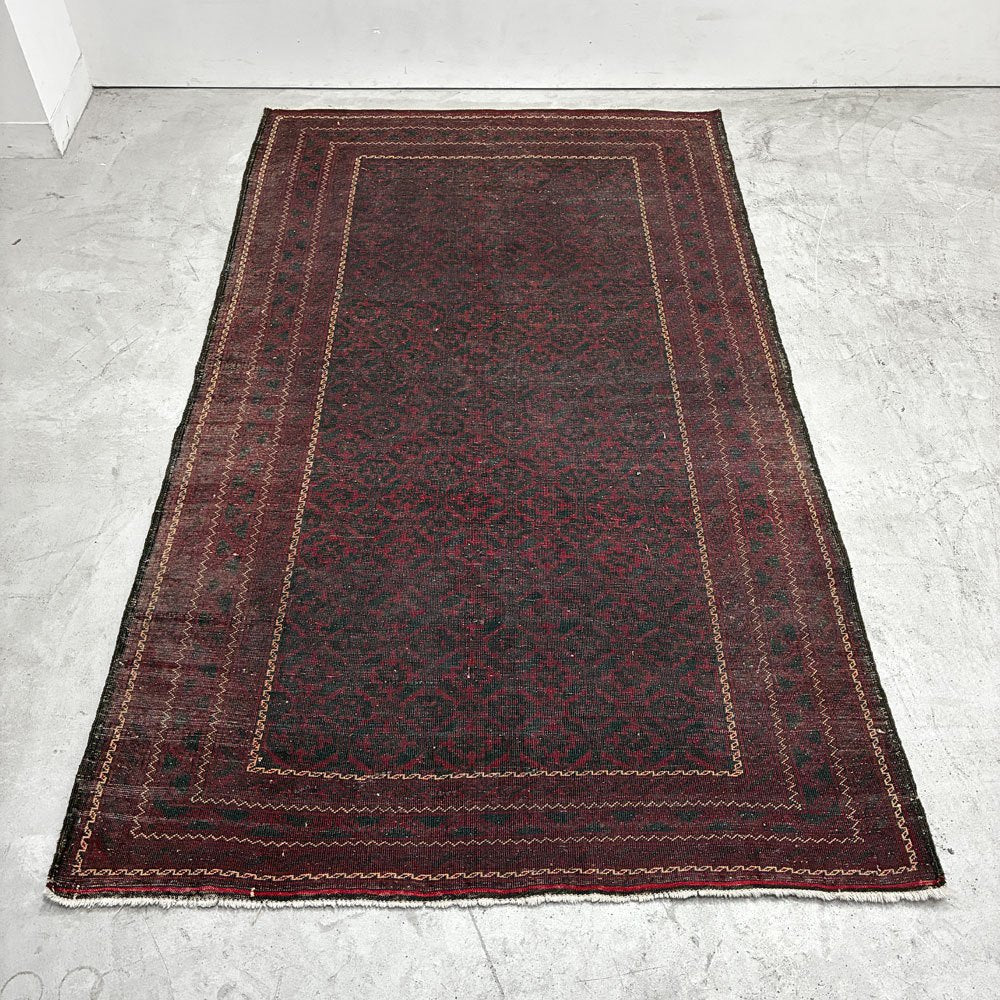 ビンテージ Vintage トルクメン トライバルラグ カーペット 絨毯 ワインレッド 213×125cm アンティーク調 ●